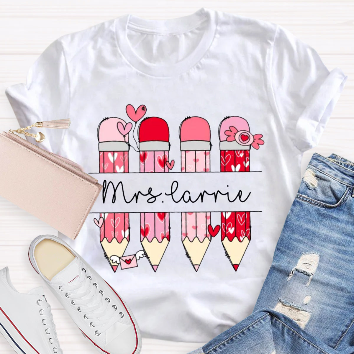 Personalized Name Valentine's Day Pink Pencil Teacher T-Shirt