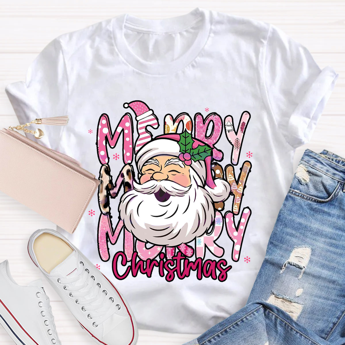 Pink Santa Claus Merry Christmas Teacher T-Shirt