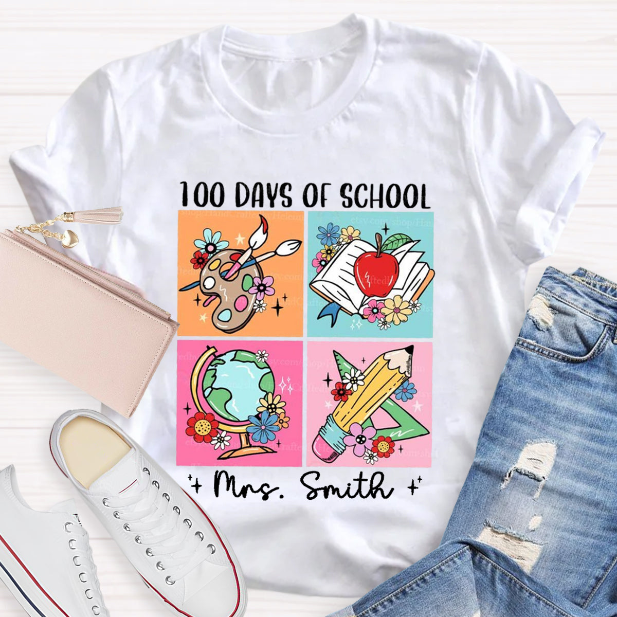 Personalized Name 100 Days Of School Pencil Apple T-Shirt