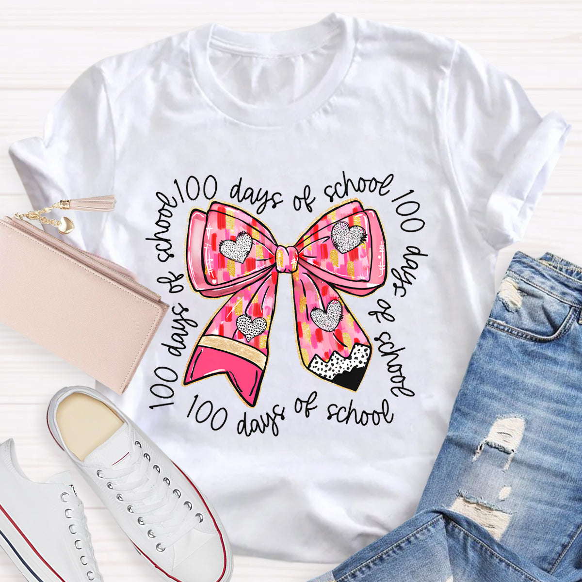 100 Days Of School Teacher Pink Bow T-Shirt