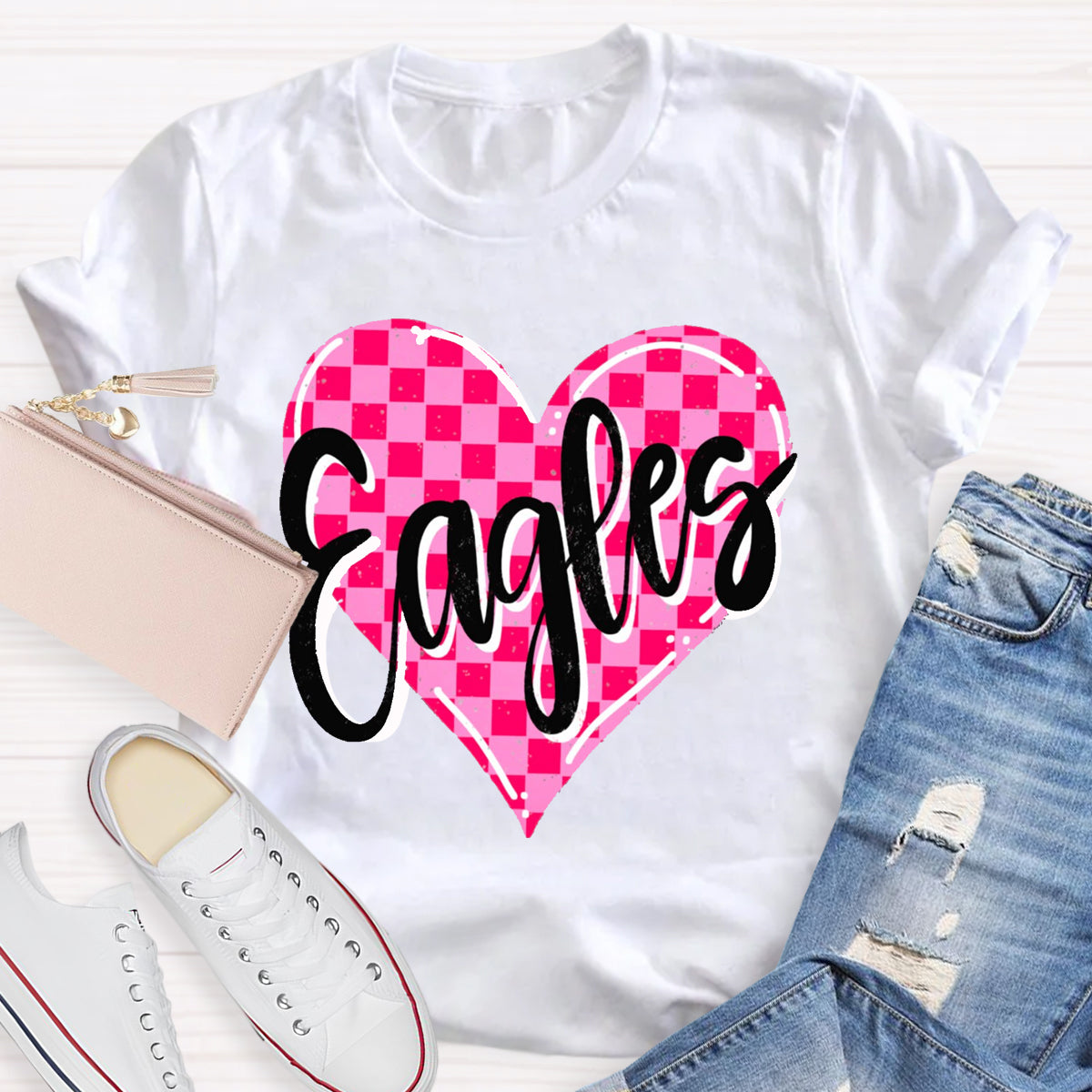 Personalized Mascot Pink Heart Teacher T-Shirt