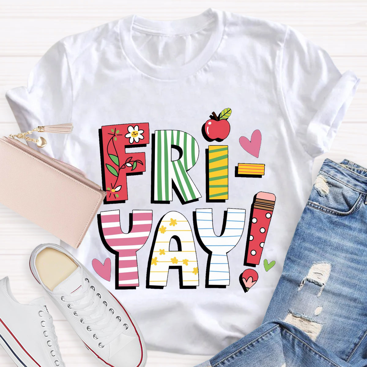 Fri-yay Floral Apple Pencil Teacher T-Shirt