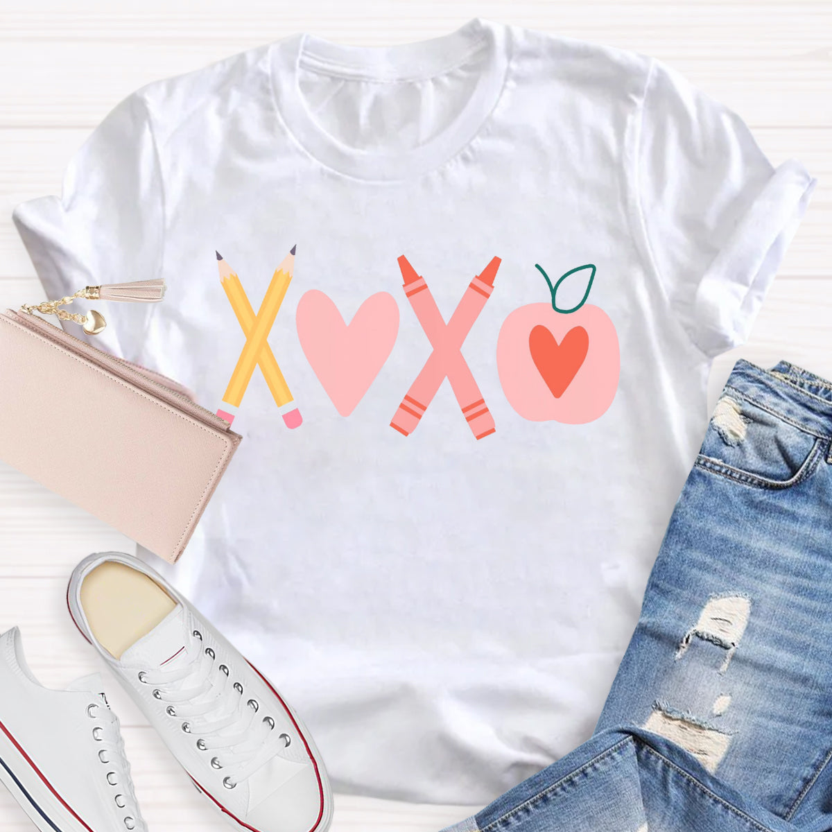 Valentine's Day Pencil Crayon Apple Teacher T-Shirt