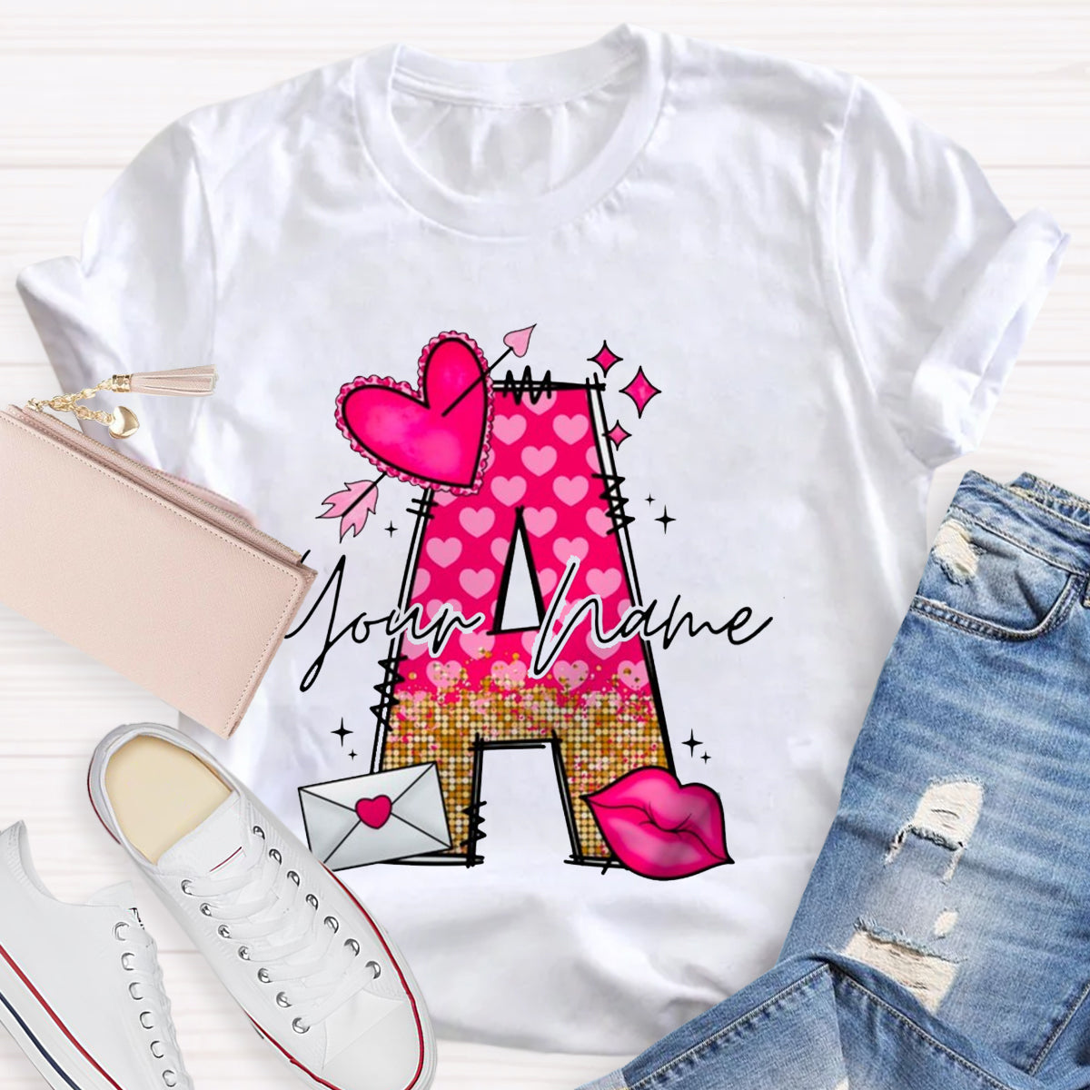 Personalized Name Pink Heart Letter T-Shirt