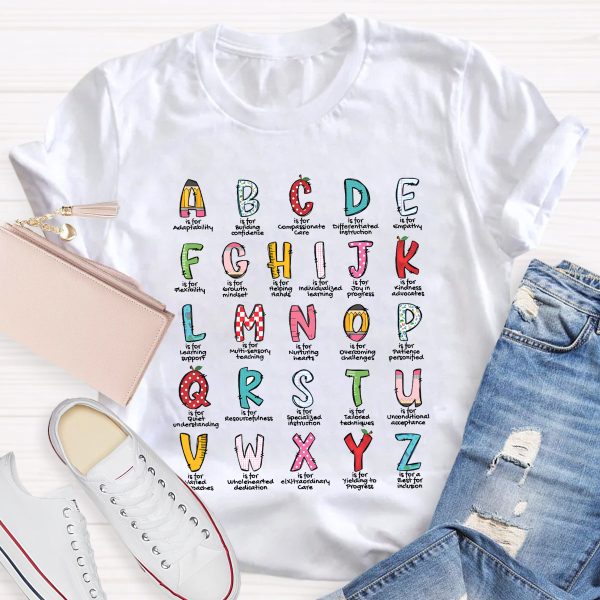 Colorful Plaid Design Alphabet Teacher T-Shirt