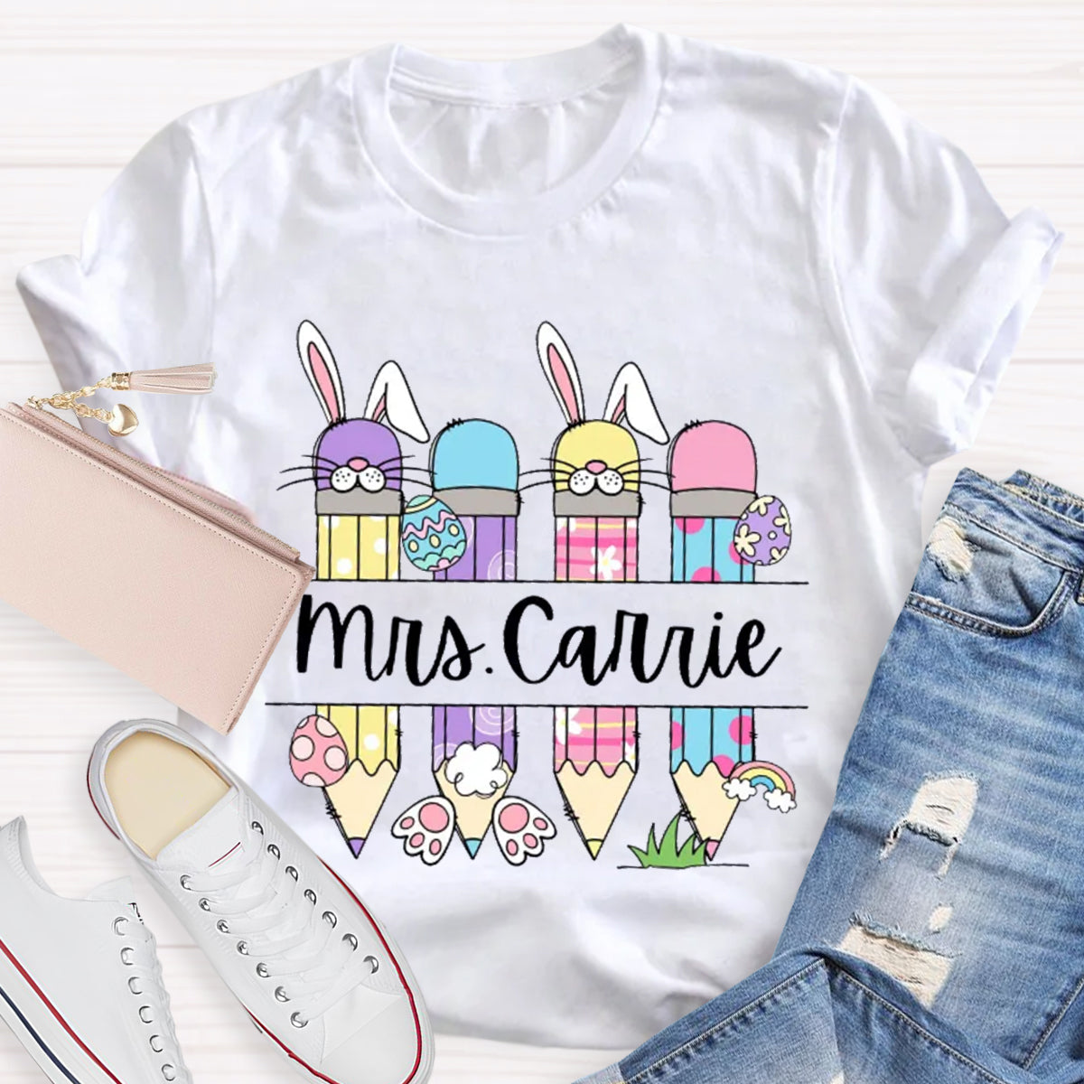 Personalized Name Bunny Teacher T-Shirt