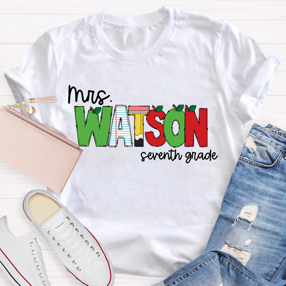 Personalized Name And Grade Green Red Color Block Teacher T-Shirt