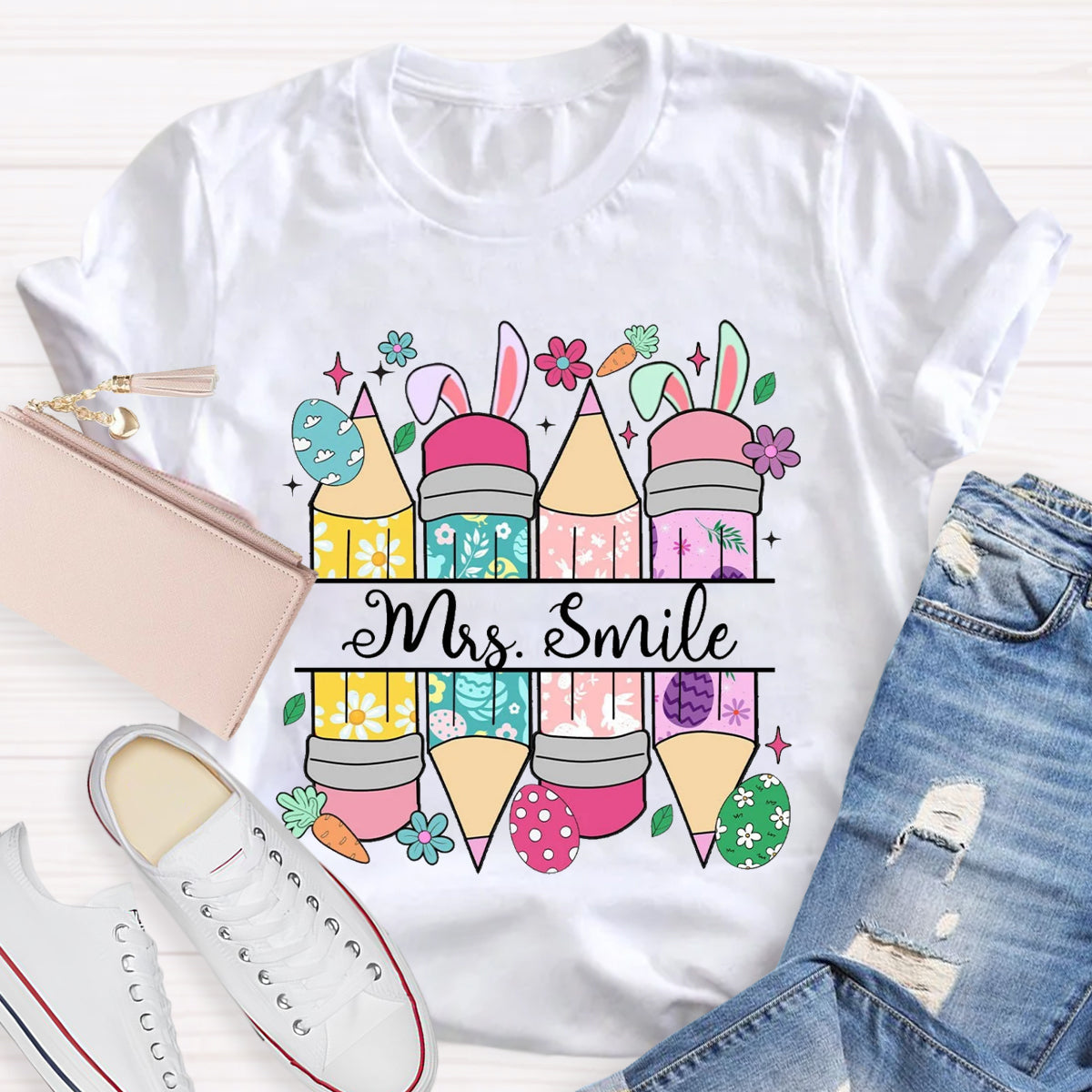 Personalized Name Easter Bunny Pencil Teacher T-Shirt