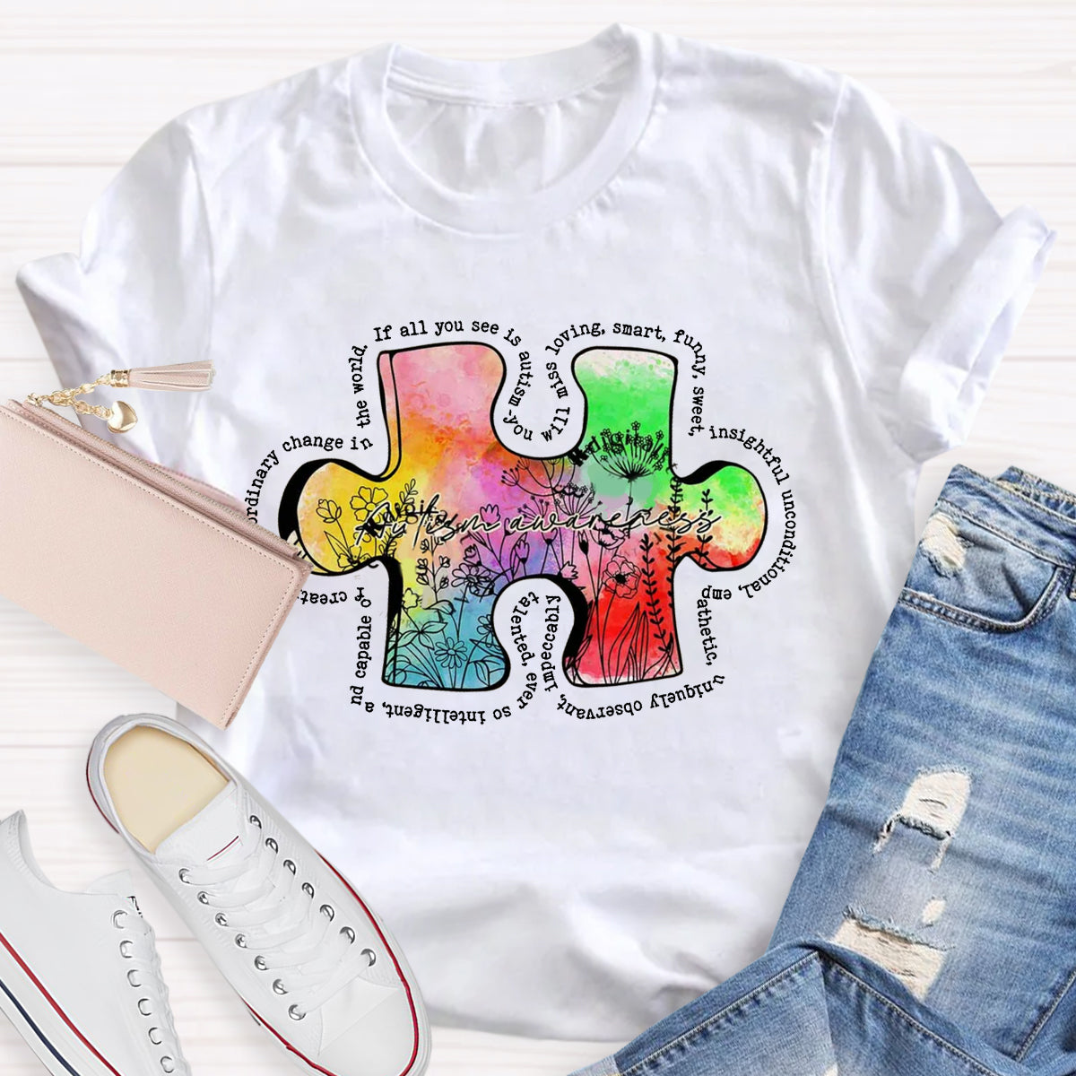 Retro Wildflower Colorful Autism Puzzle Design T-Shirt