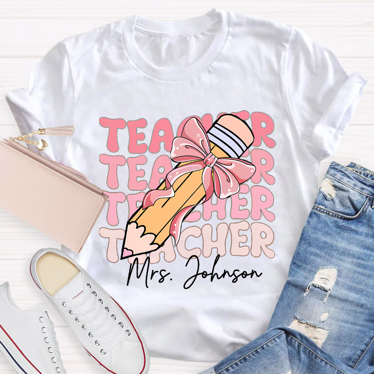 Personalized Name Pink Pencil Teacher Mrs Johnson T-Shirt