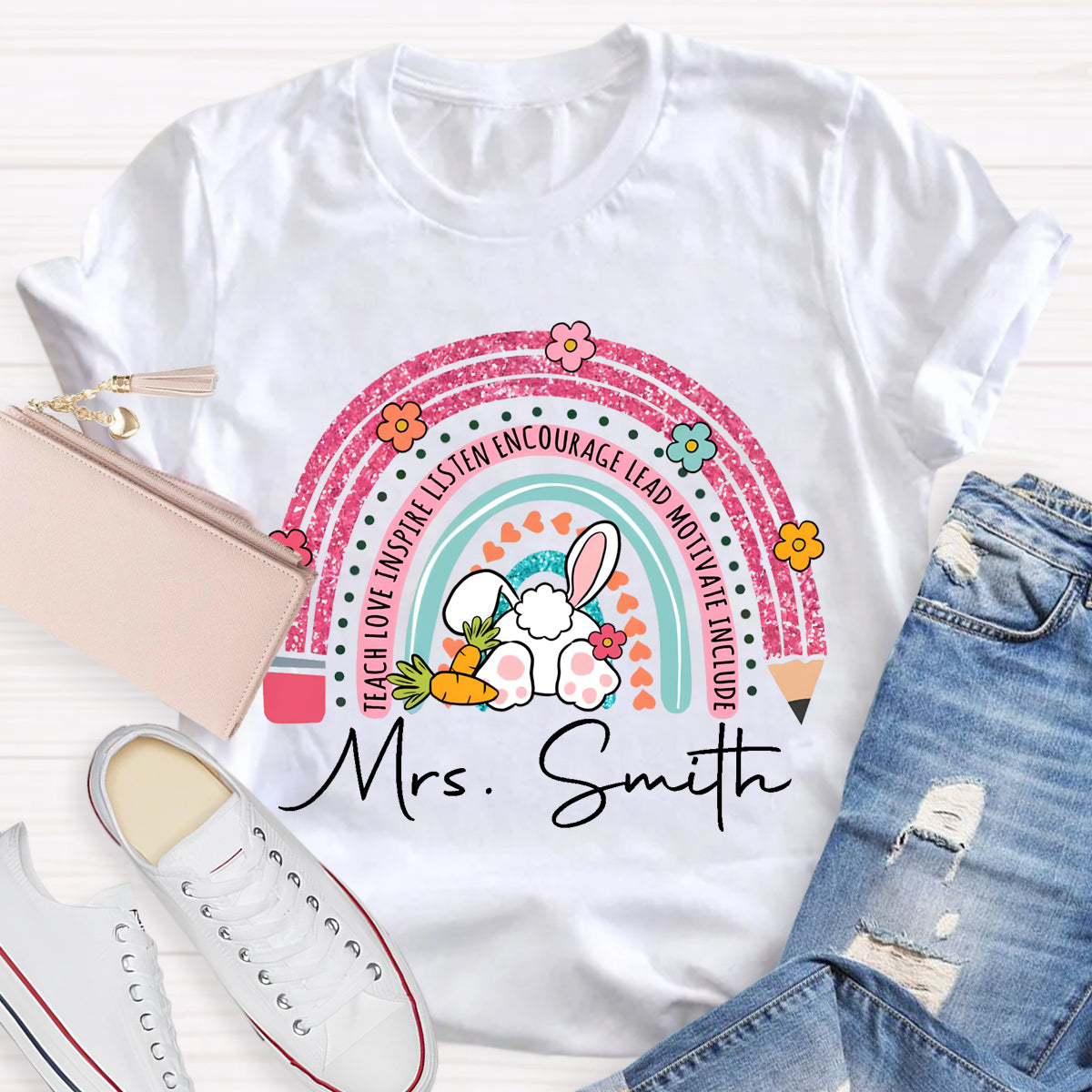 Personalized Name Easter Pink Pencil Rainbow T-Shirt