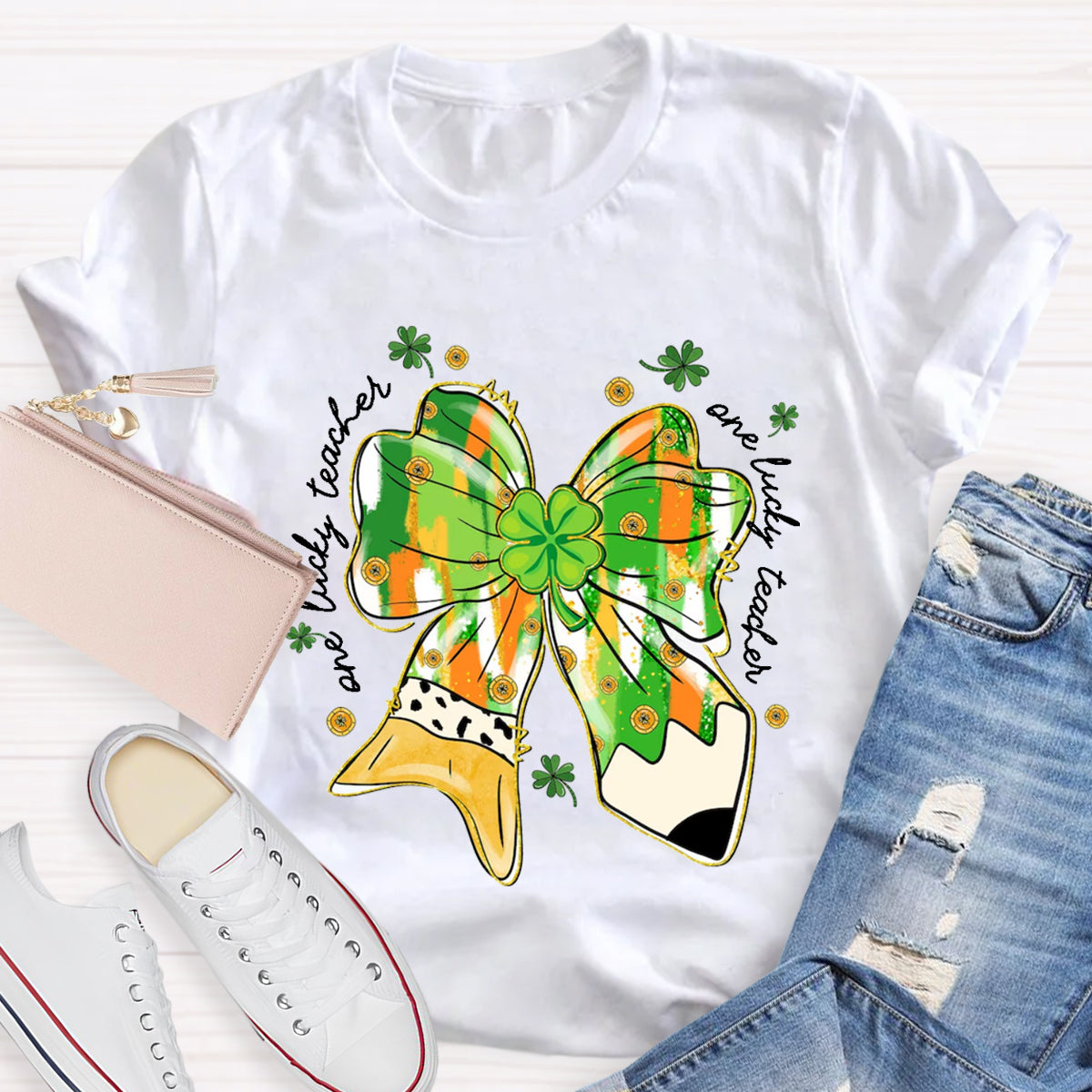 One Lucky Teacher Green Bow T-Shirt