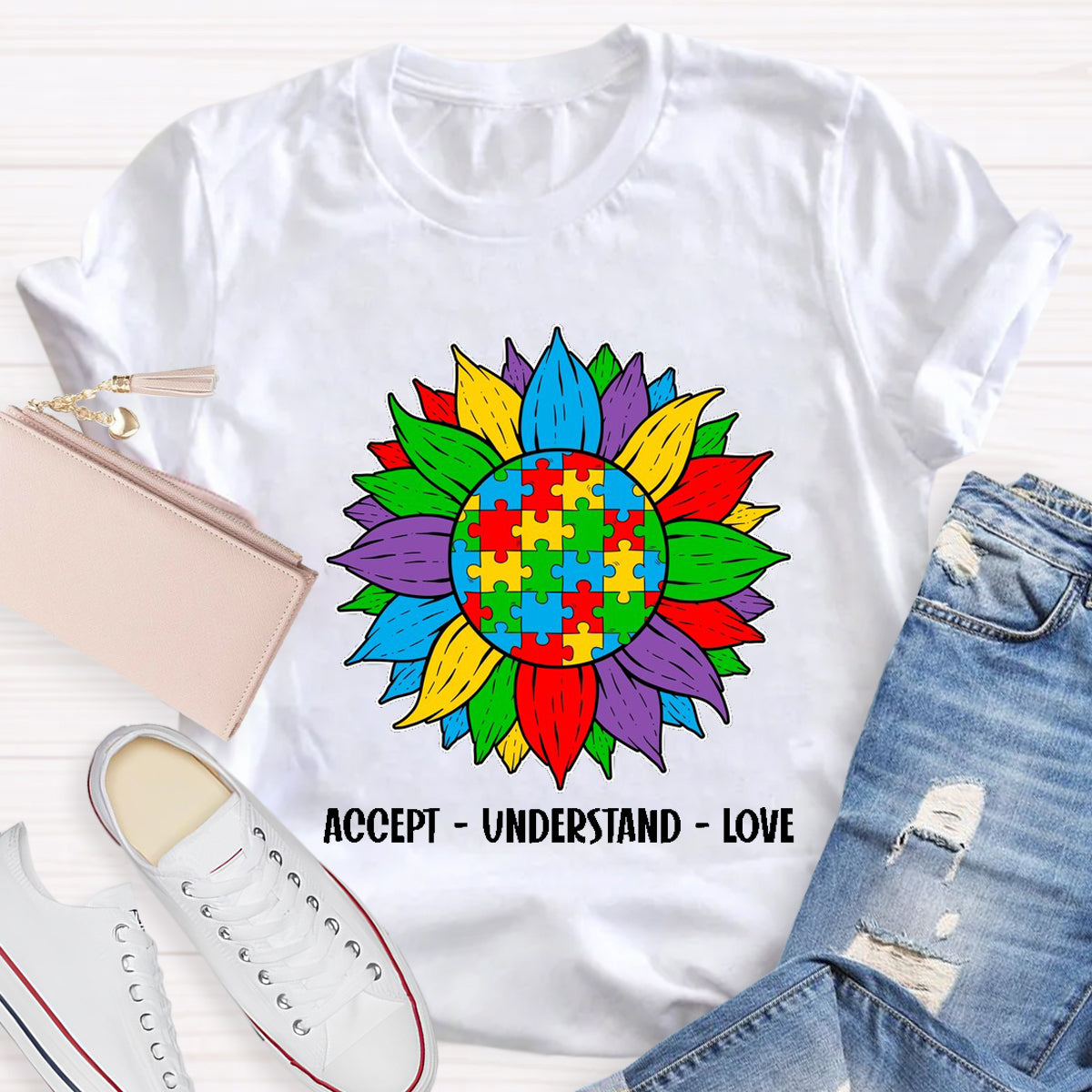 Accept Understand Love Colorful Sunflower Teacher T-Shirt