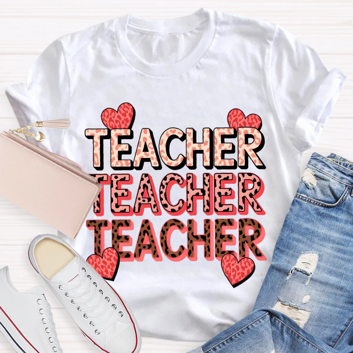 Pink Heart Valentine's Day Teacher T-Shirt