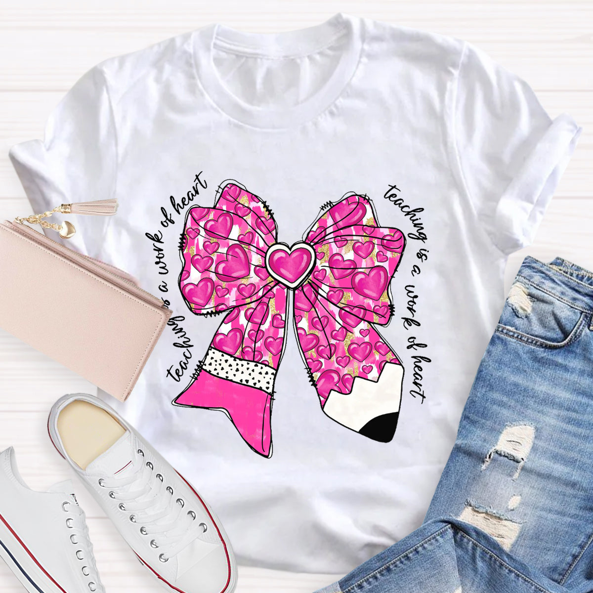 Teaching Is A Work Of Heart Pink Bow Teacher T-Shirt