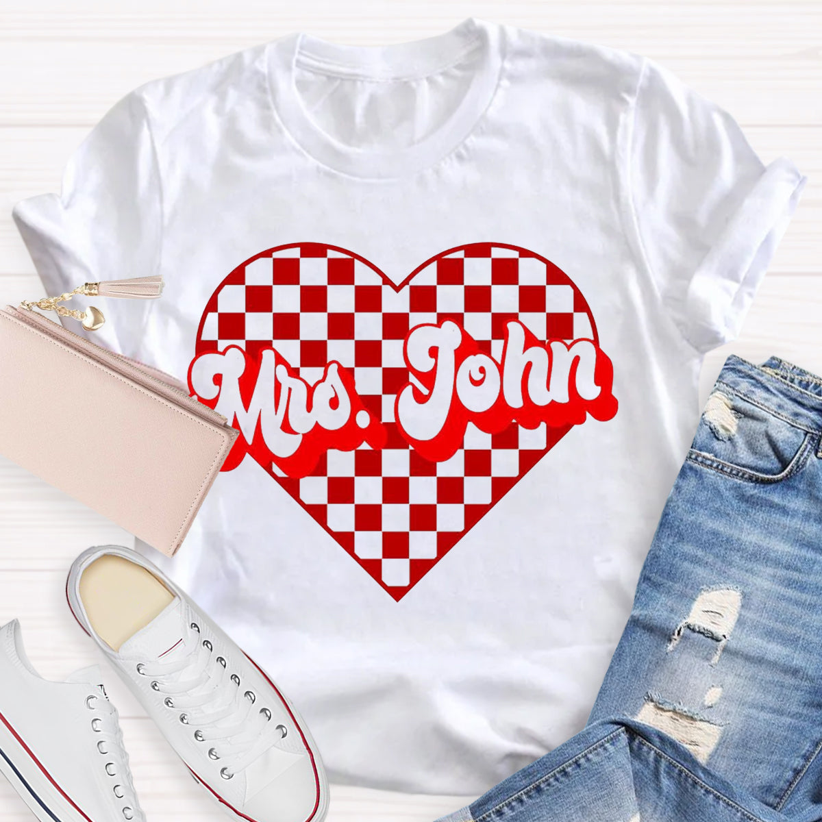 Personalized Name Heart Mrs John Teacher T-Shirt