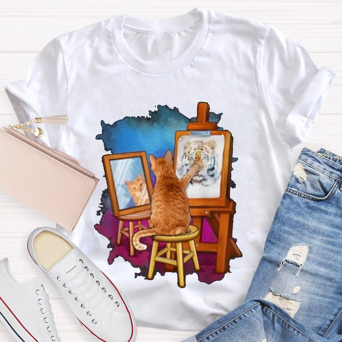 Funny Cat Painting Lion Teacher T-Shirt