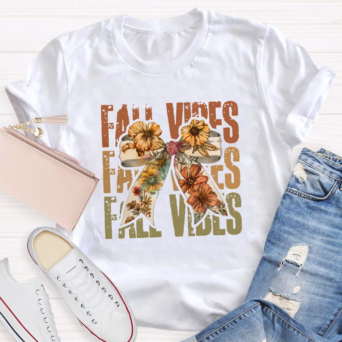 Bow Flowers Thanksgiving Autumn Fall Vibes T-Shirt