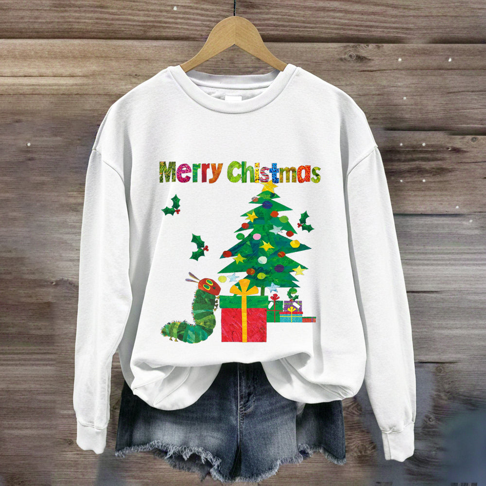 Merry Christmas Caterpillar Crawling Towards Christmas Tree Sweatshirt