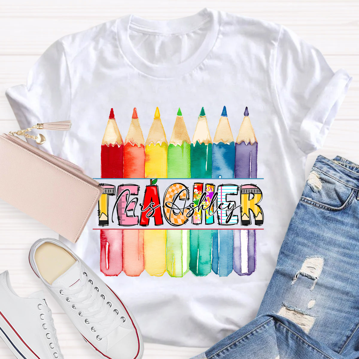 Personalized Teacher's Name Colorful Pencil T-Shirt