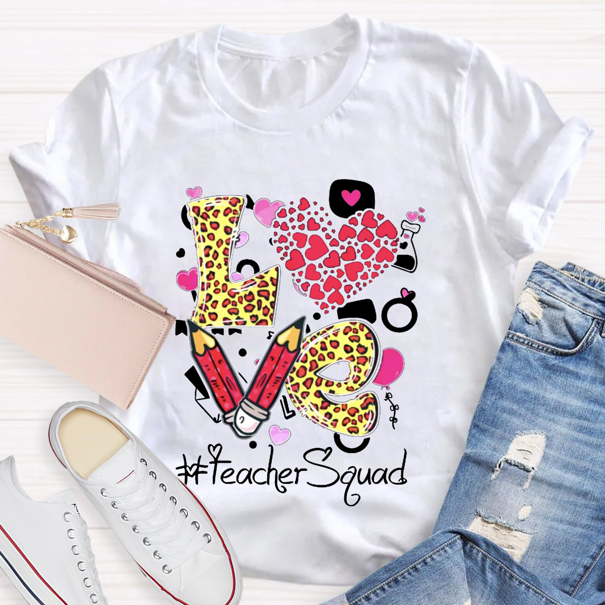 Pink Love Teacher Squad T-Shirt