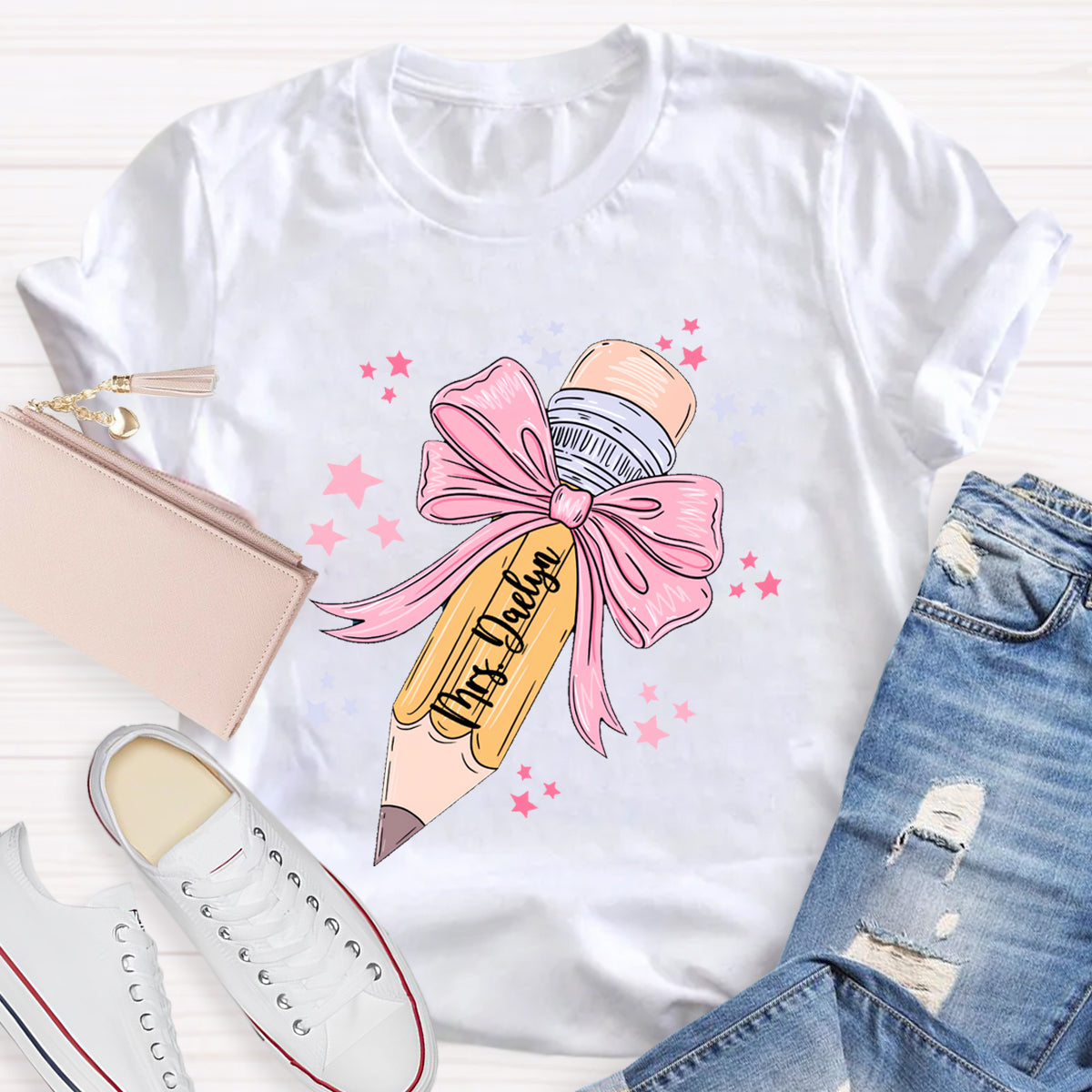 Personalized Name Pink Pencil Teacher T-Shirt