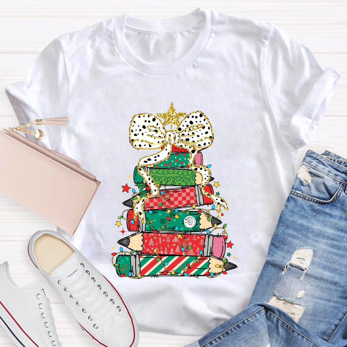 Pencil Tree  Bow Teacher T-Shirt