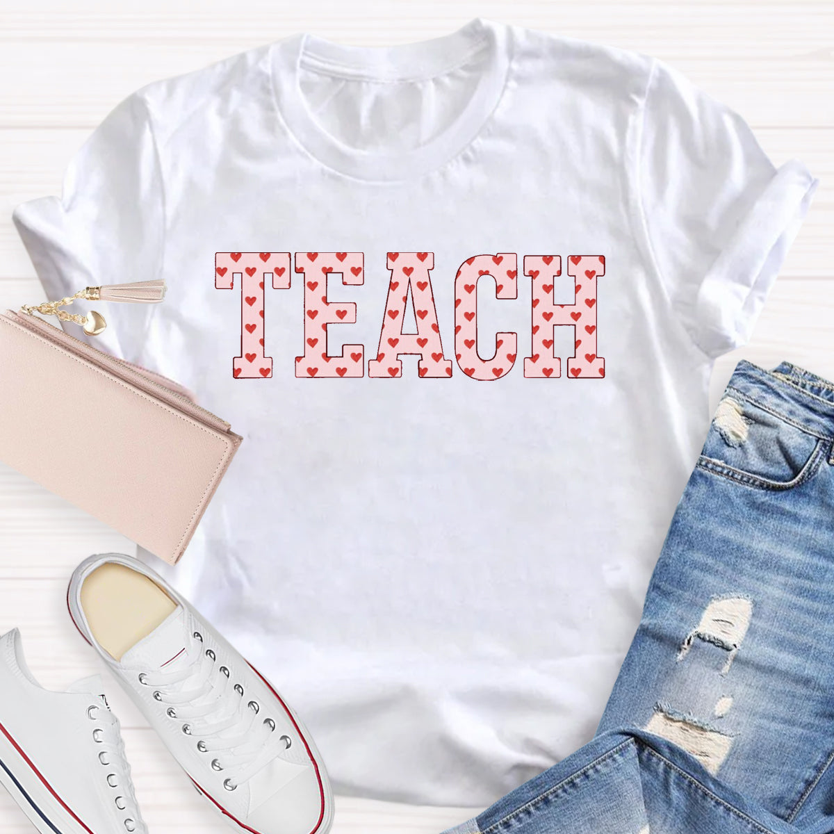 Pink Heart Teach Teacher T-Shirt