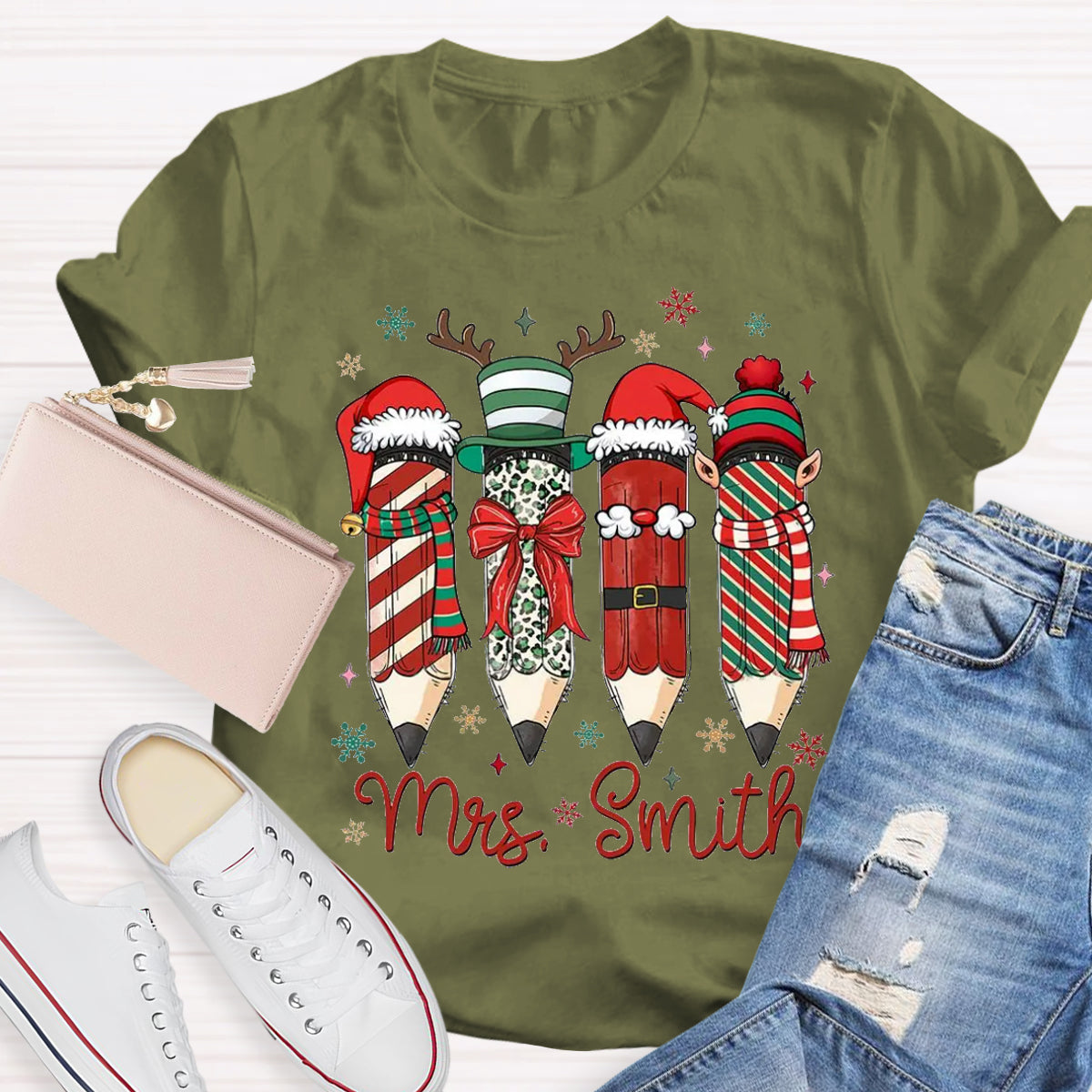 Personalized Name Cute Christmas Pencil Teacher T-Shirt