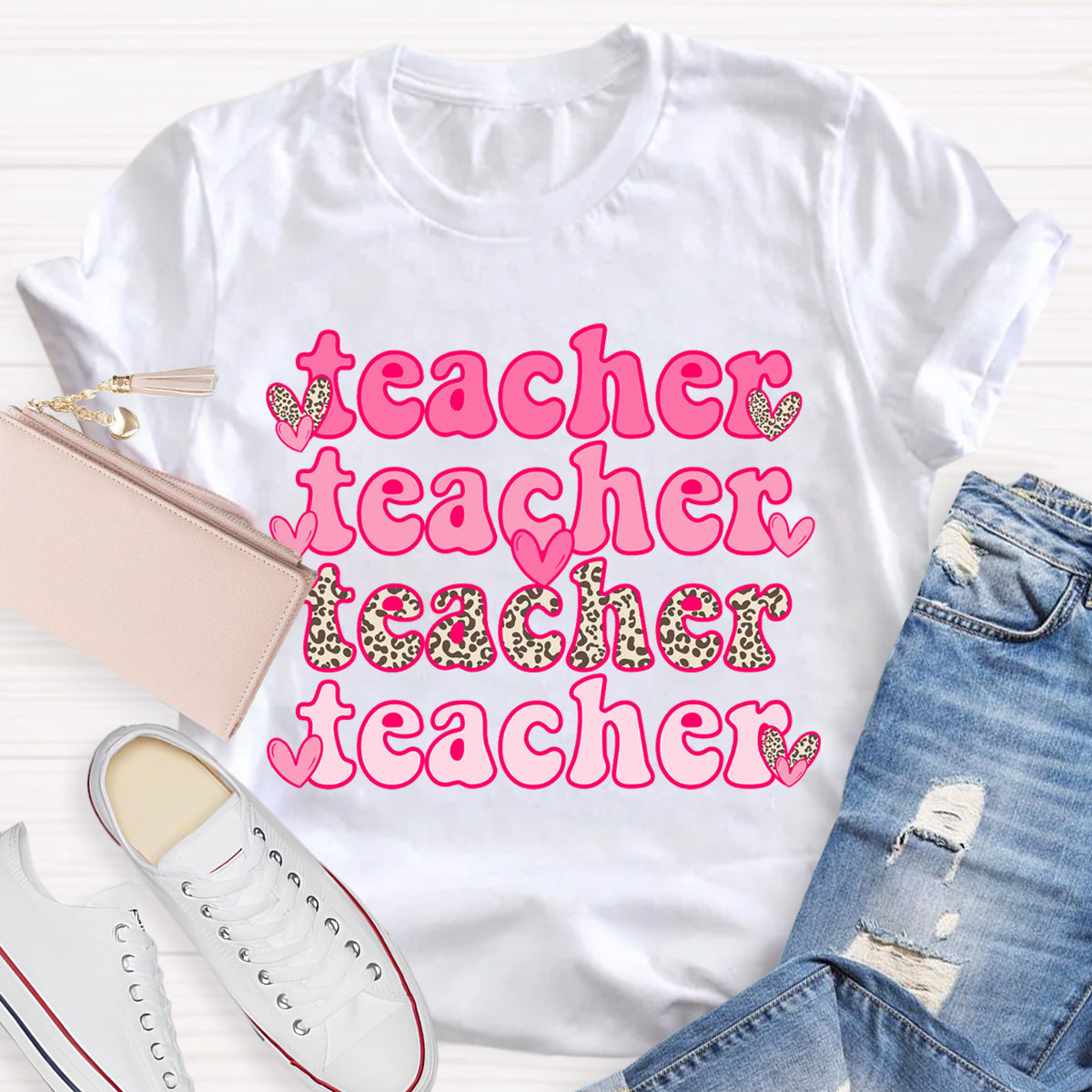 Valentine's Day Pink Leopard Teacher T-Shirt