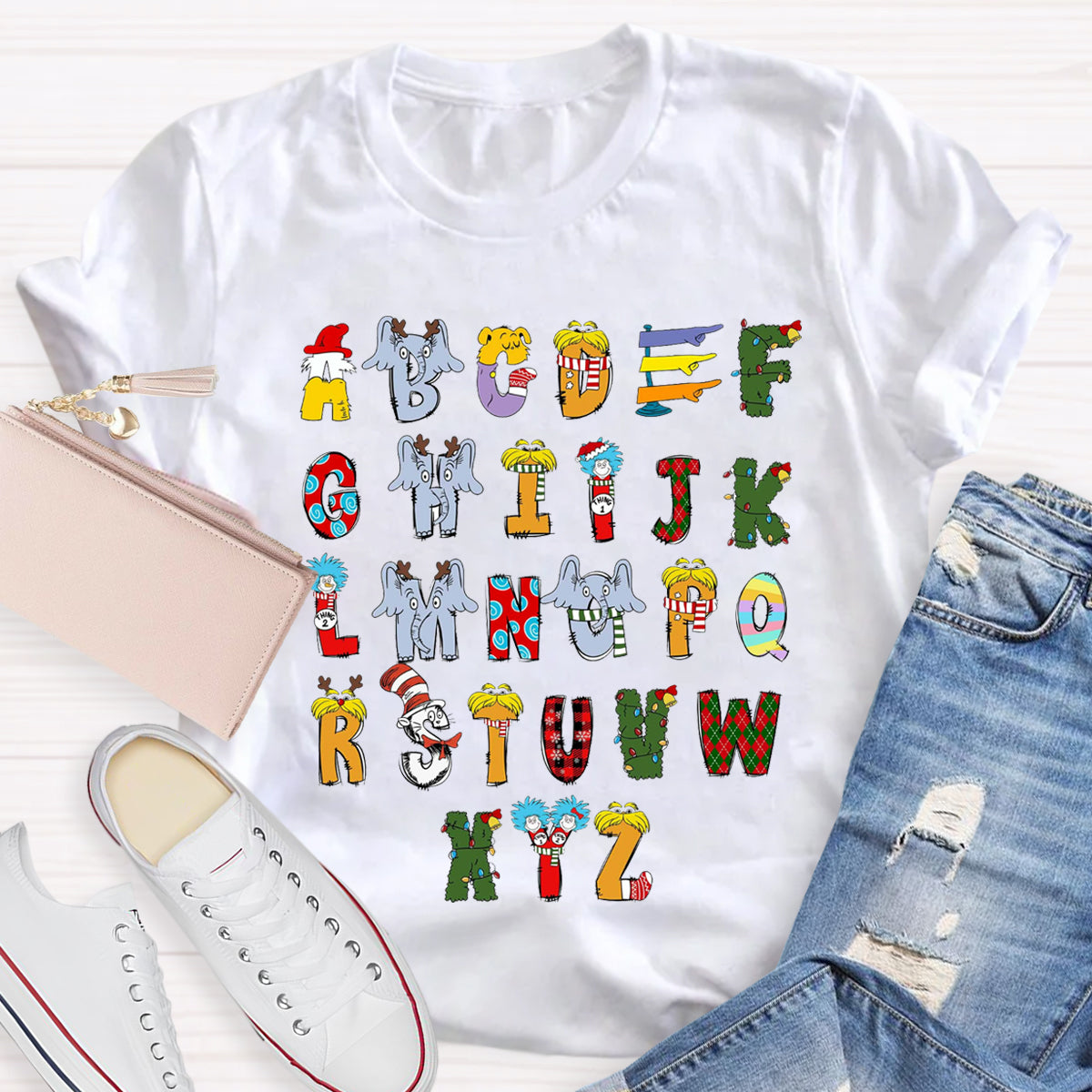 Christmas Doodle Alphabet Cat In The Hat Children's Book Teacher T-Shirt