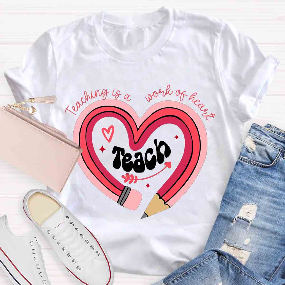 Teaching Is A Work Of Heart Pencil Teacher T-Shirt