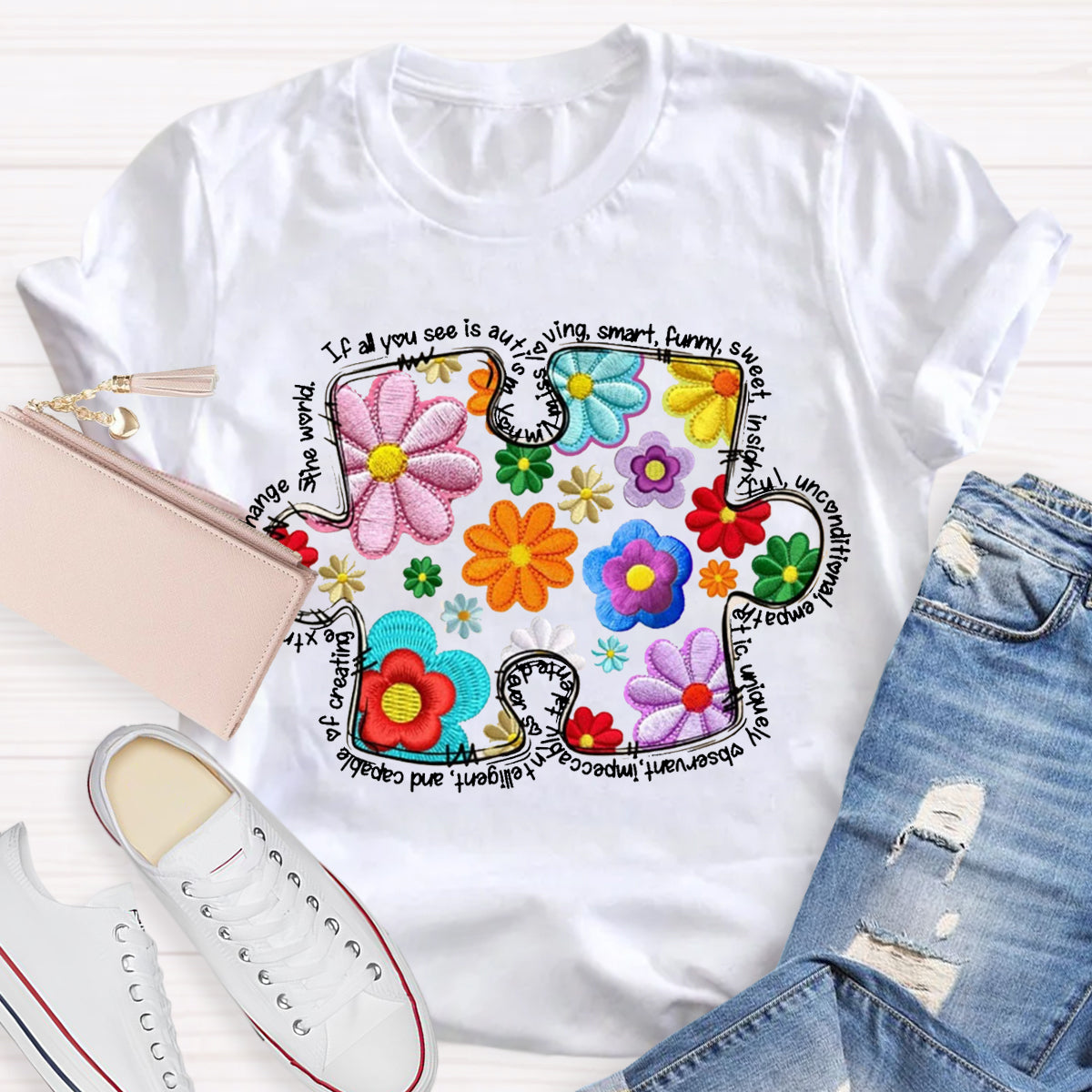 Floral Puzzle Pieces Austim T-Shirt