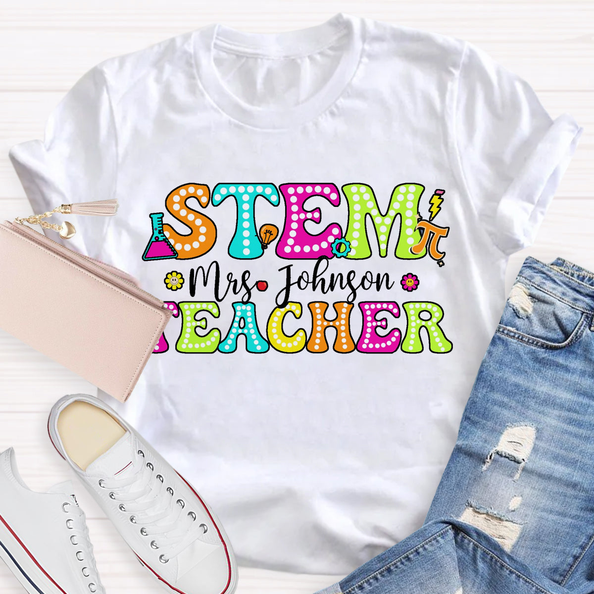 Personalized Name STEM Teachers Colorful Printed T-Shirt