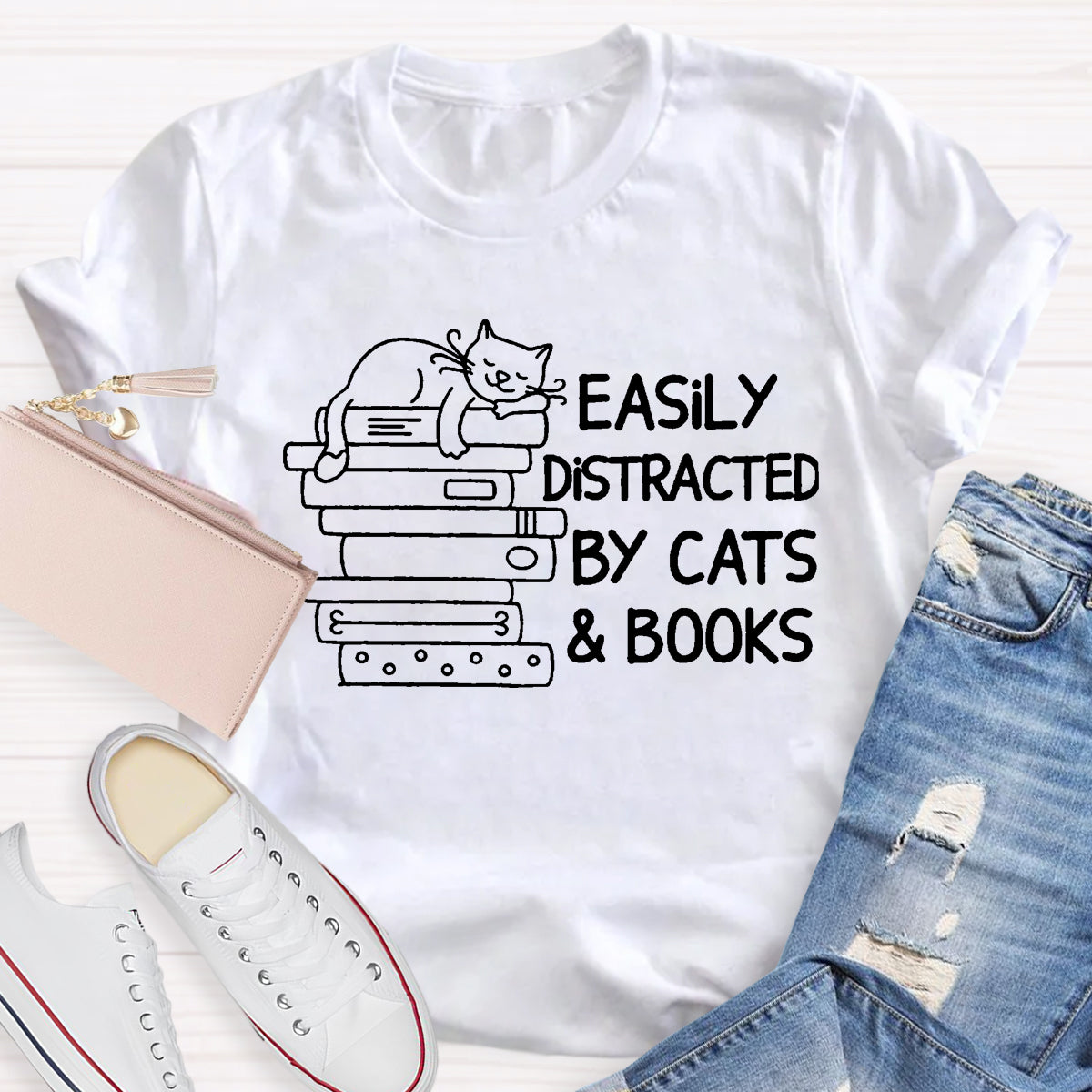 Easily Distracted By Cats And Books Teacher T-Shirt