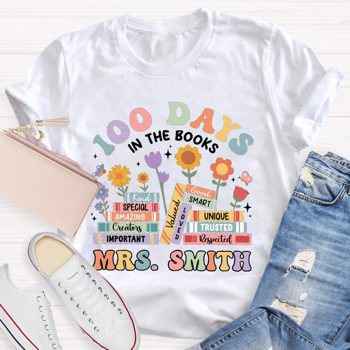 Personalized Name 100 Days In Books Teacher T-Shirt