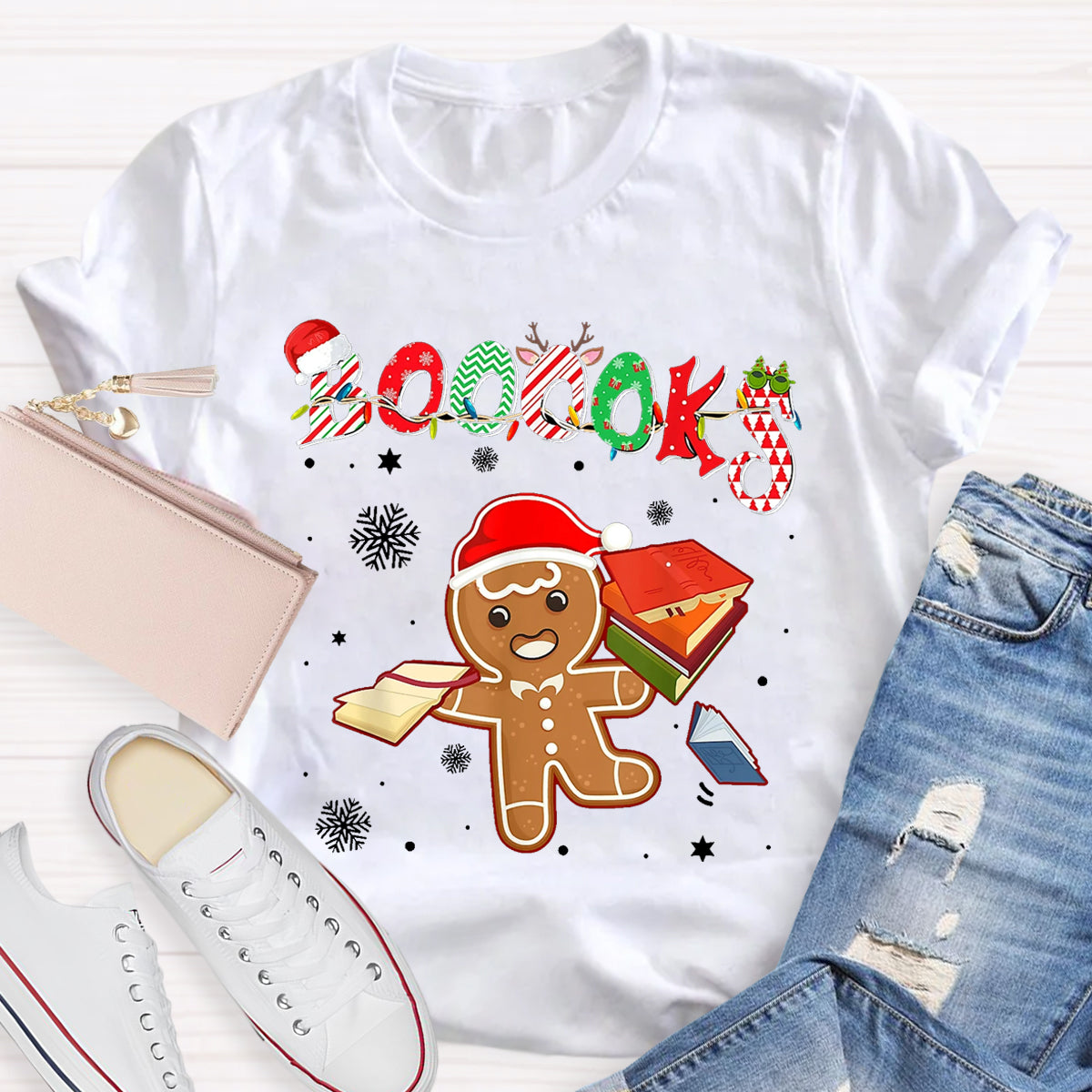 Christmas Gingerbread Books Librarian Reader Reading Teacher T-Shirt