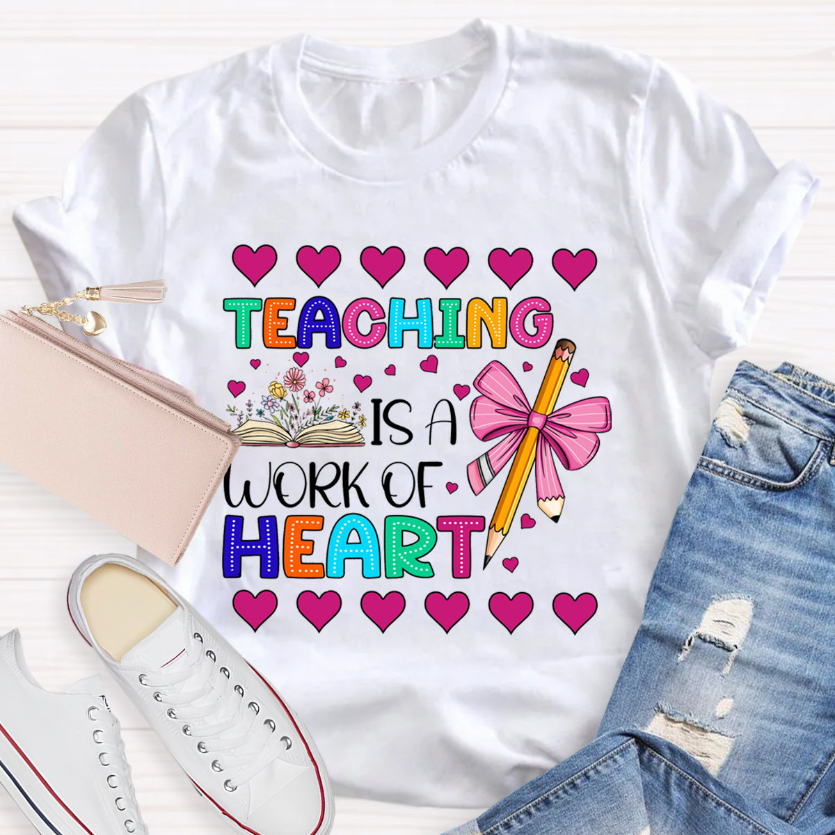 Teaching is Heart Work Pink Heart T-Shirt