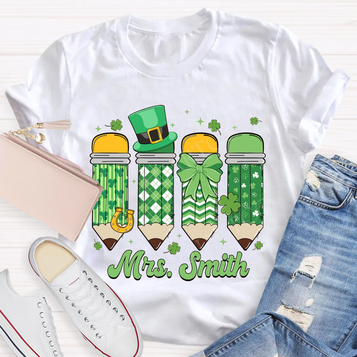 Personalize Name St. Patrick's Day Pencil Teacher T-Shirt