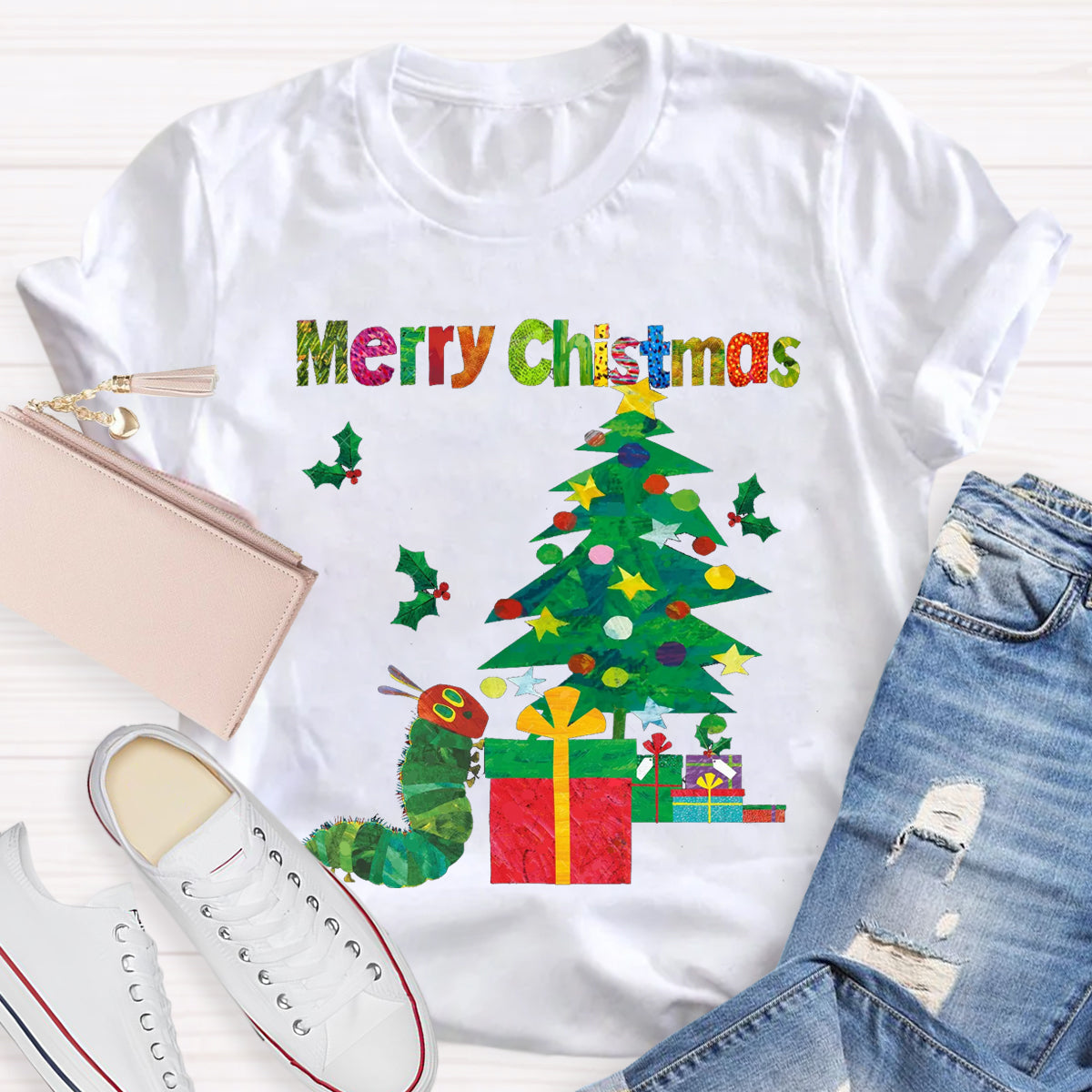 Merry Christmas Caterpillar Crawling Towards Christmas Tree T-Shirt