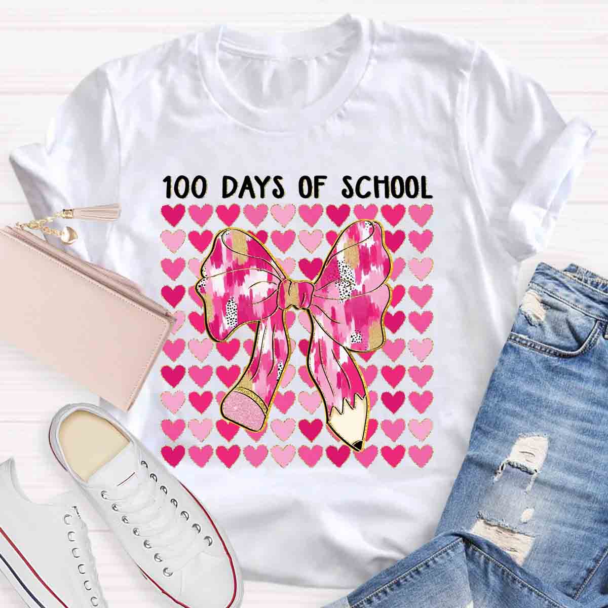 100 Days Of School Pink Heart Bow Teacher T-Shirt