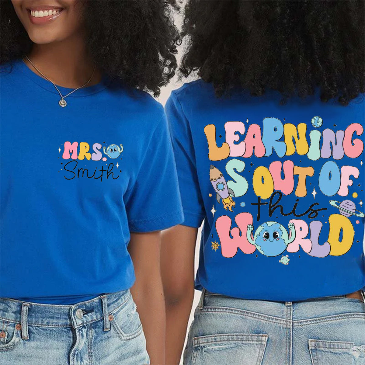 Personalized Name Learning Is Out Of This World Double Printed T-shirt