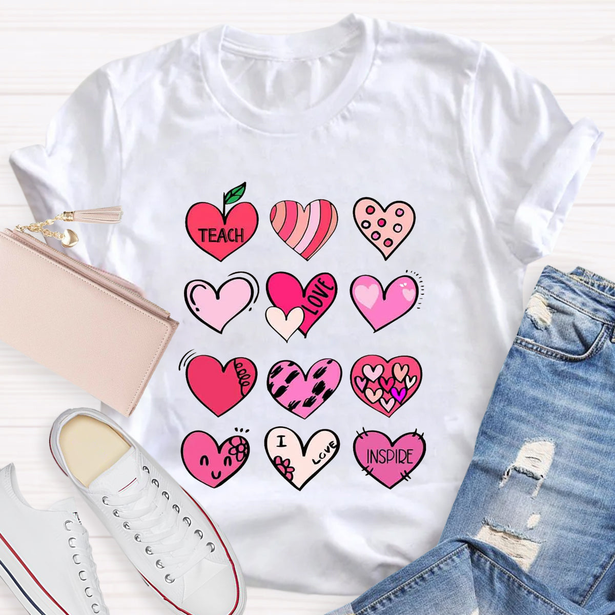 Cartoon Hearts Teach Love Inspire Teacher T-Shirt