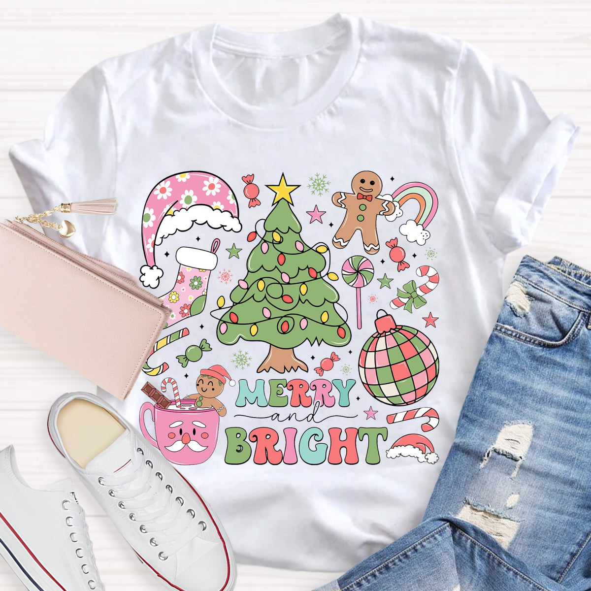 Merry And Bright Christmas Tree Teacher T-Shirt