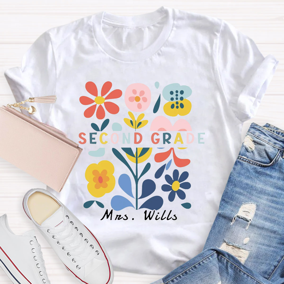 Personalized Name And Grade Floral Teacher T-Shirt