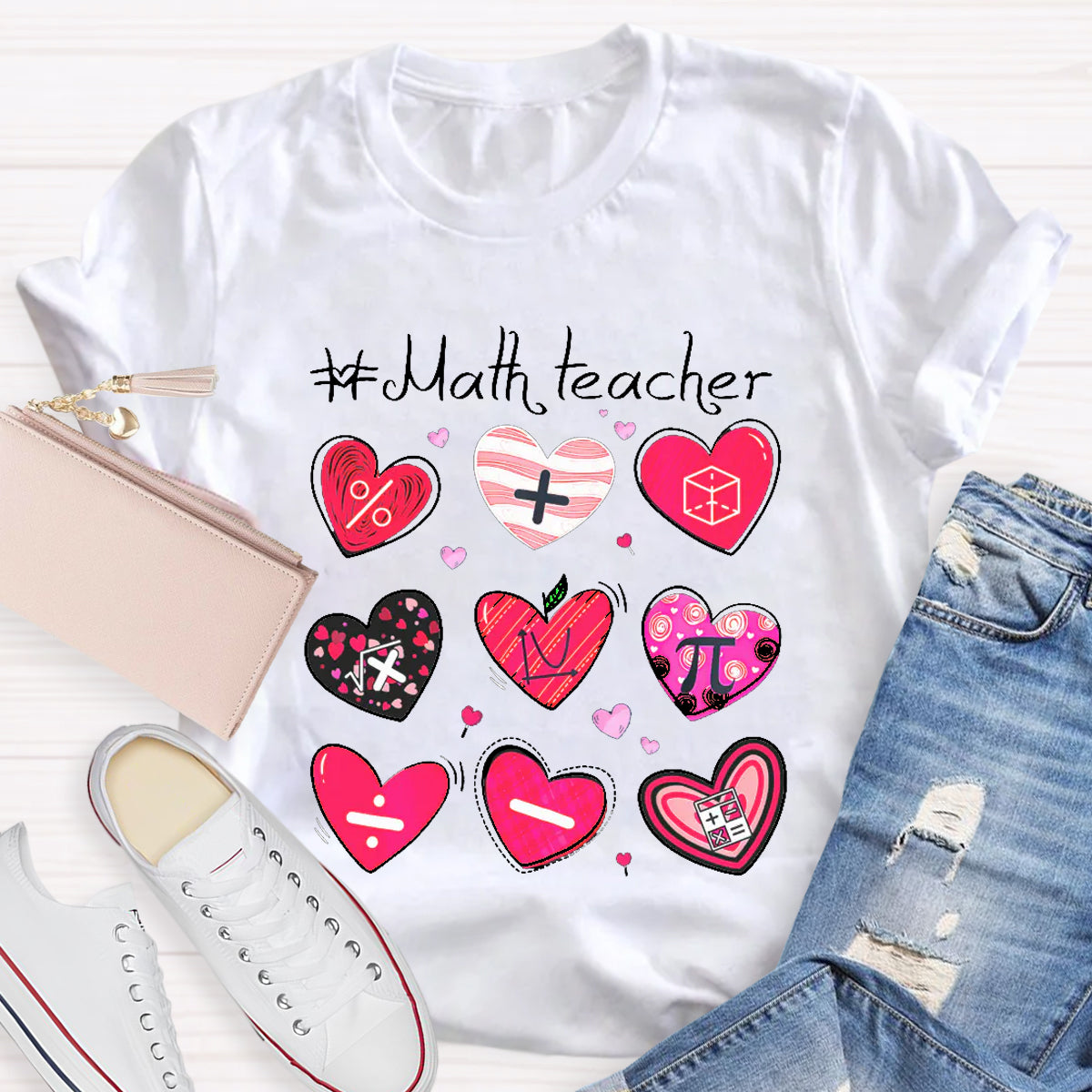 Red Heart Math Symbols Teacher T-Shirt