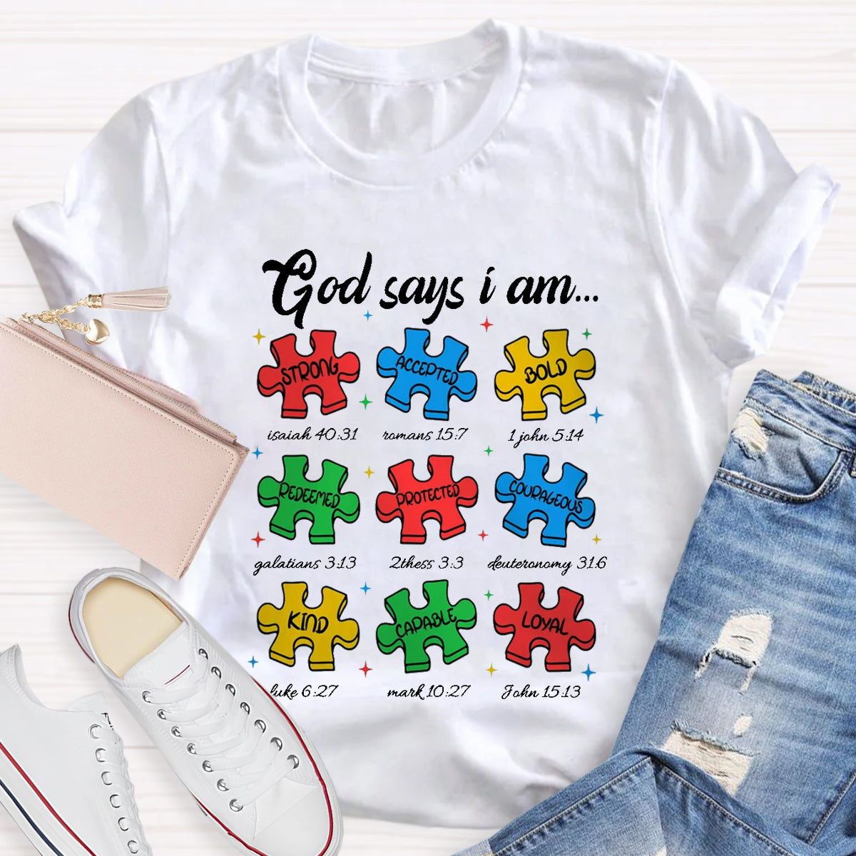 God Says I am Strong Puzzle Pieces Autism T-Shirt