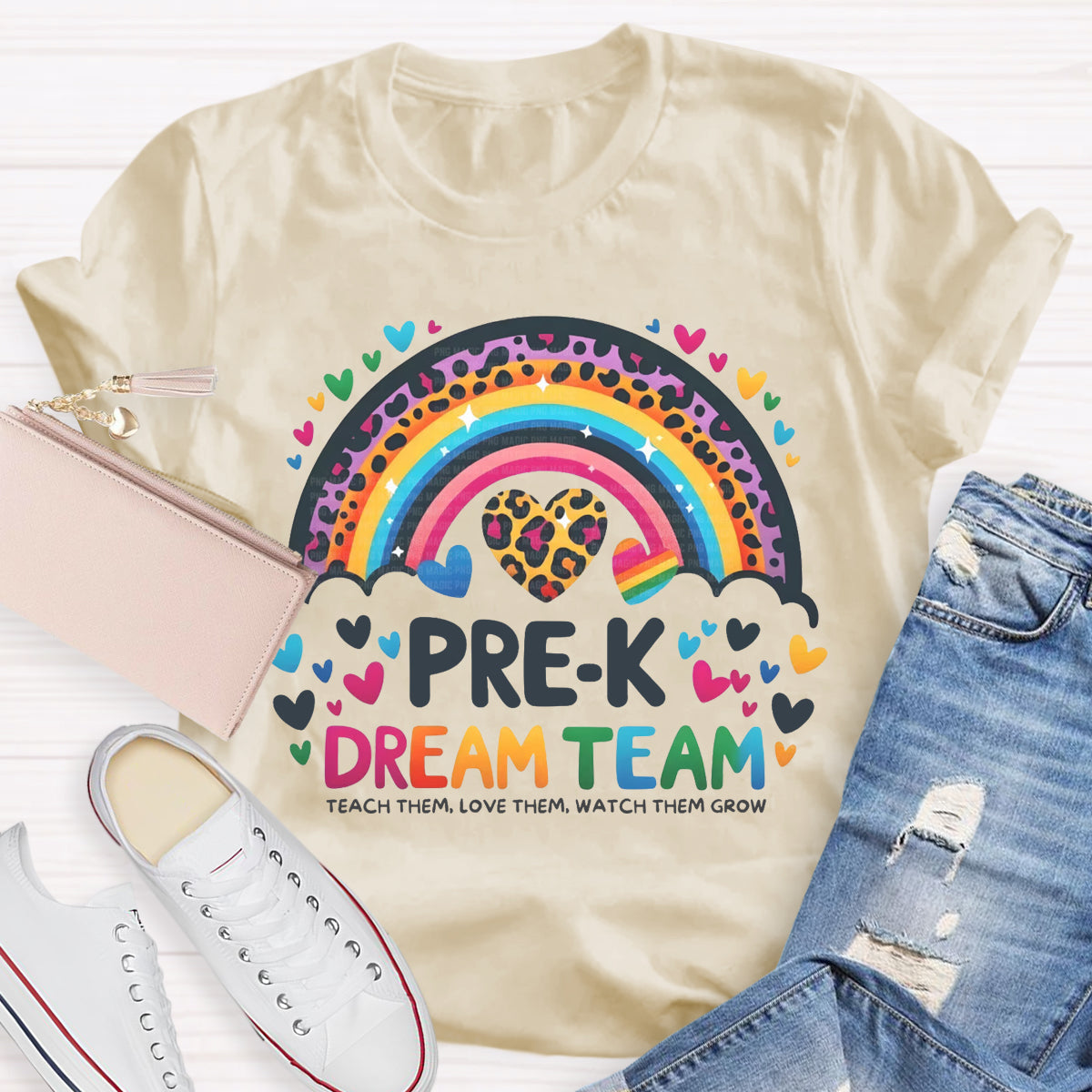 Personalized Grade Pre-K Dream Team Leopard Rainbow Teacher T-Shirt