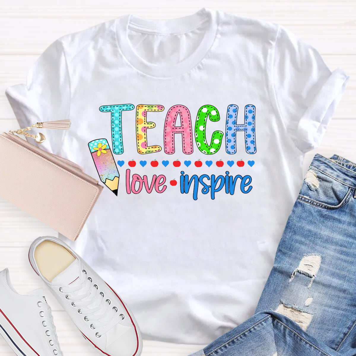 Teach Love Inspire Pencil Apple Printed T-Shirt