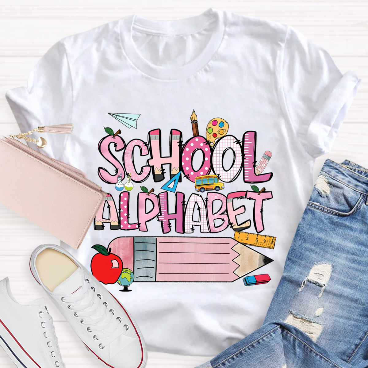 School Alphabet Pink Pencil Teacher T-Shirt